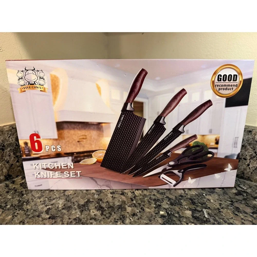 Five Cows 6 Piece Kitchen Knife Set Black Non Stick Stainless Steel Wood Grain